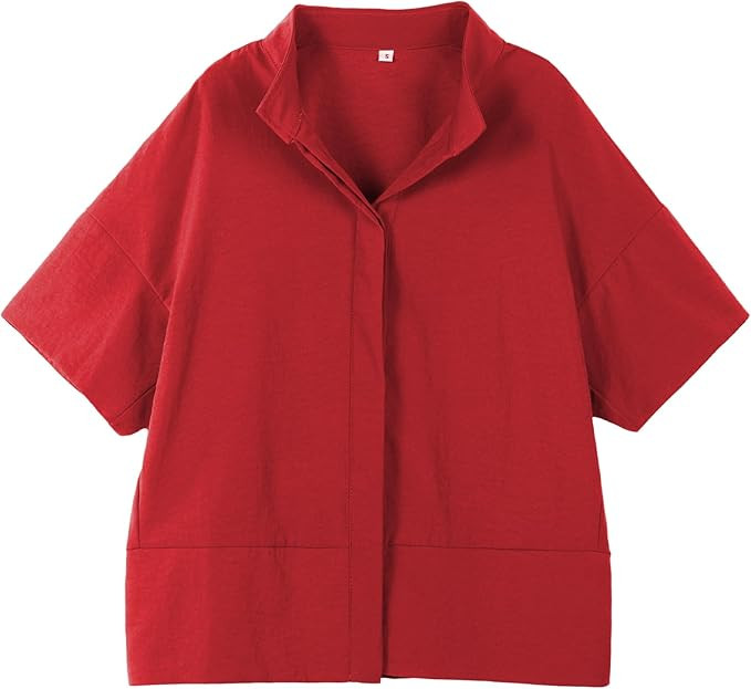 Ainangua Women Casual Button Down Shirts Oversized Short Sleeve Stand Collar Tops Trendy Work Blo... | Amazon (US)