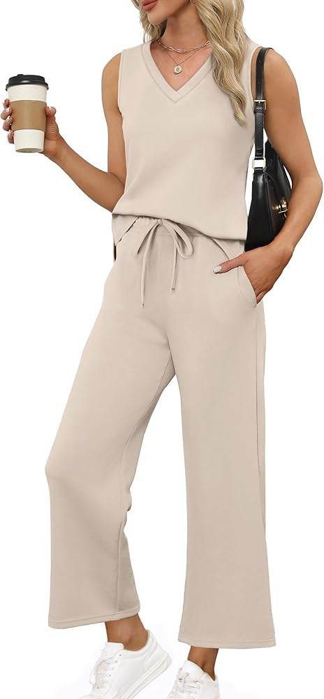 XIEERDUO Two Piece Sets for Women Summer Vacation Travel Outfits V Neck Lounge Matching Sets | Amazon (US)