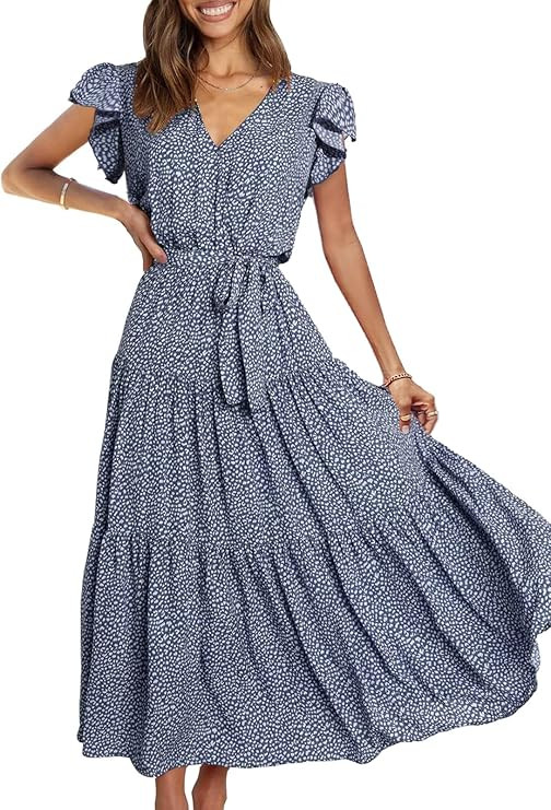 PRETTYGARDEN Women's Summer Floral Maxi Dress Wrap V Neck Short Sleeve Ruffle A Line Belted Flowy... | Amazon (US)