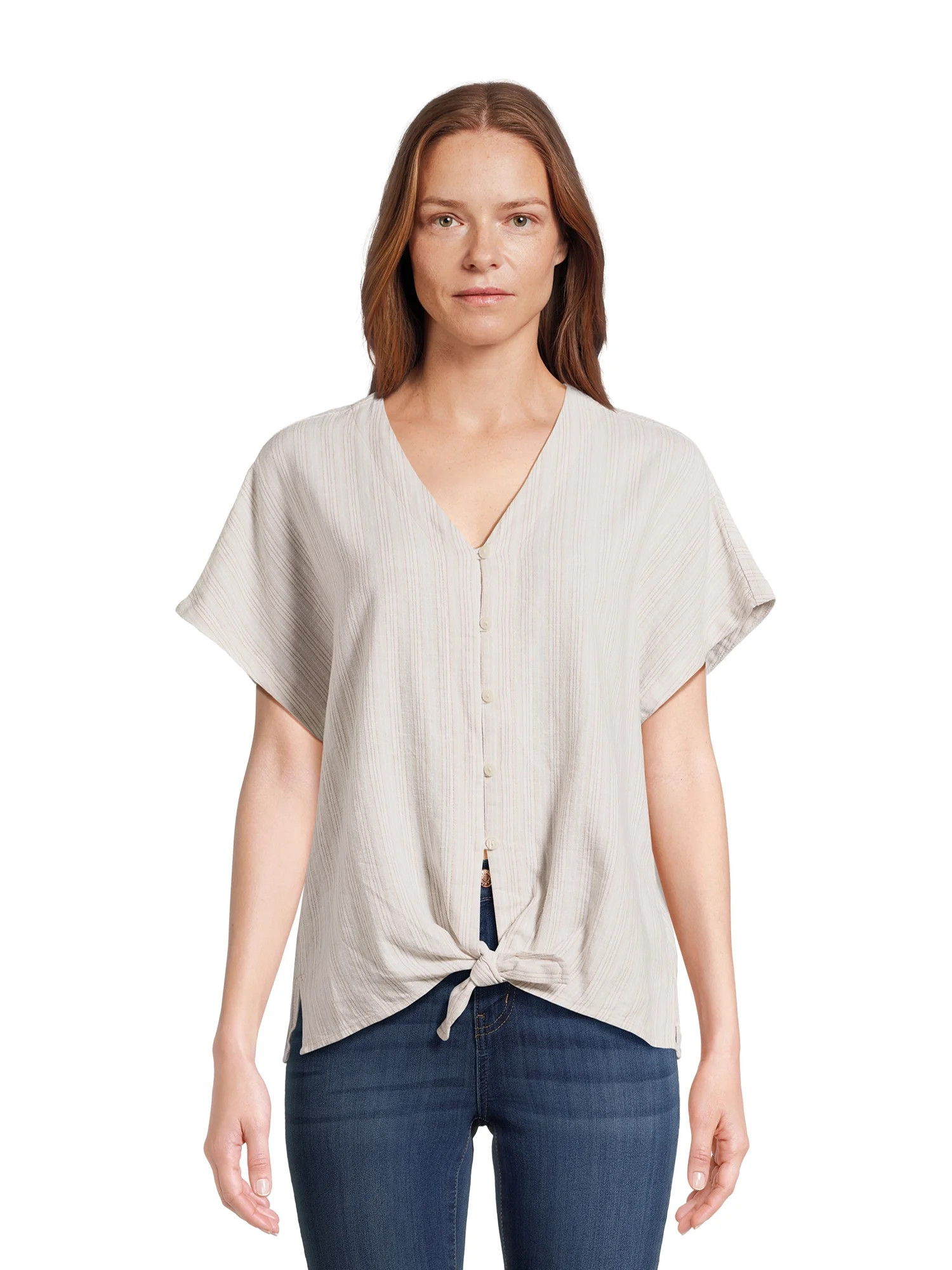 Time and Tru Women's Linen Blend Tie Front Top, Sizes S-XXXL | Walmart (US)
