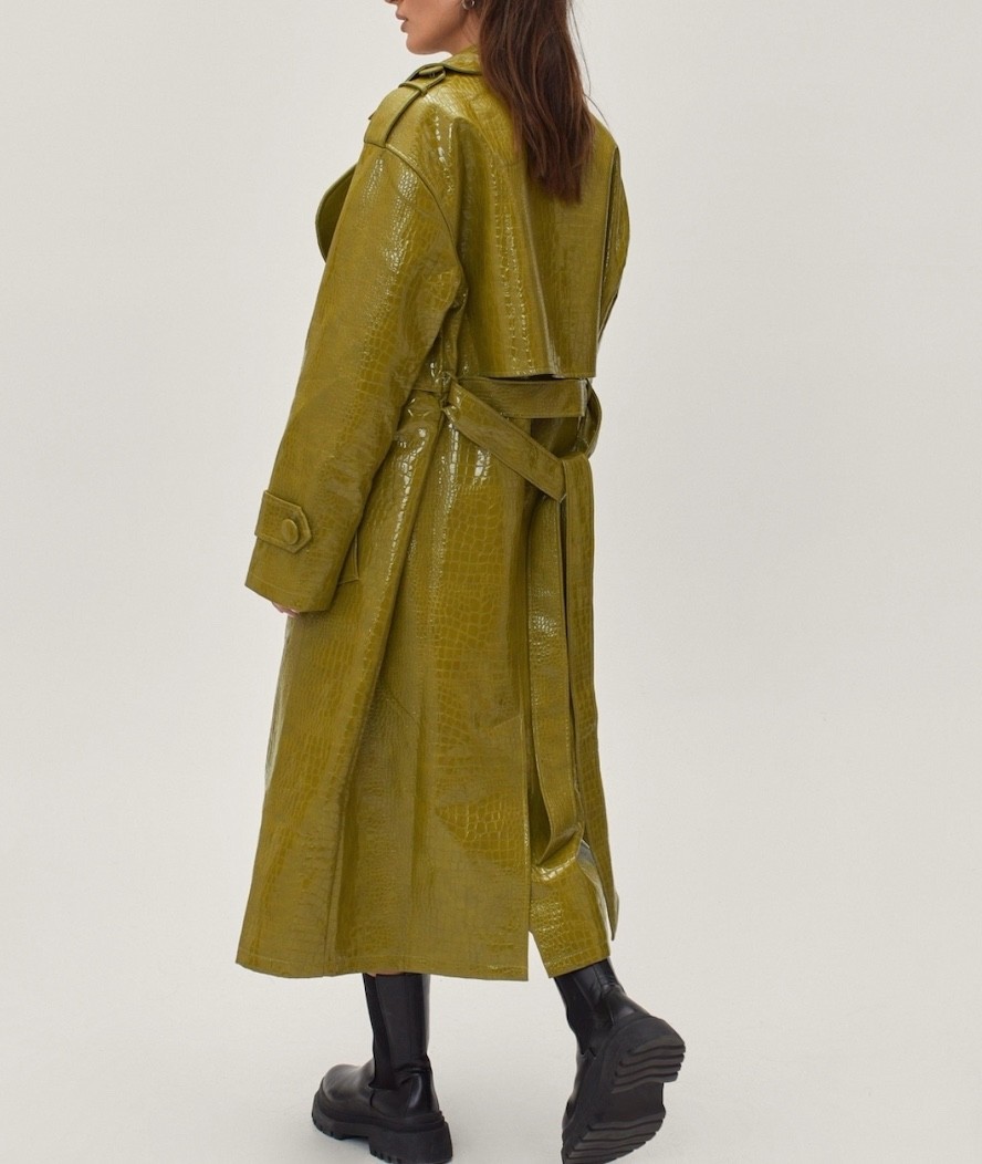 Faux Leather Croc Print Oversized Trench Coat