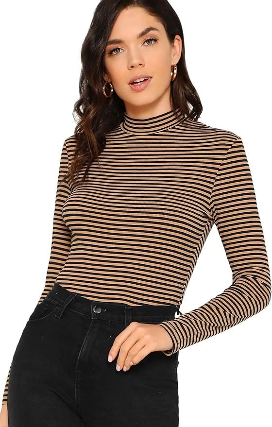 Floerns Women's High Neck Long Sleeve Slim Fit Stretch Striped T-Shirts | Amazon (US)