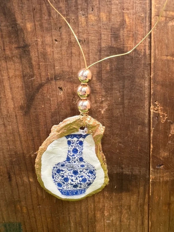 Blue and White shell Ornament. Chinoiserie Ornament. Ginger dish. Oyster shell Christmas ornament... | Etsy (US)