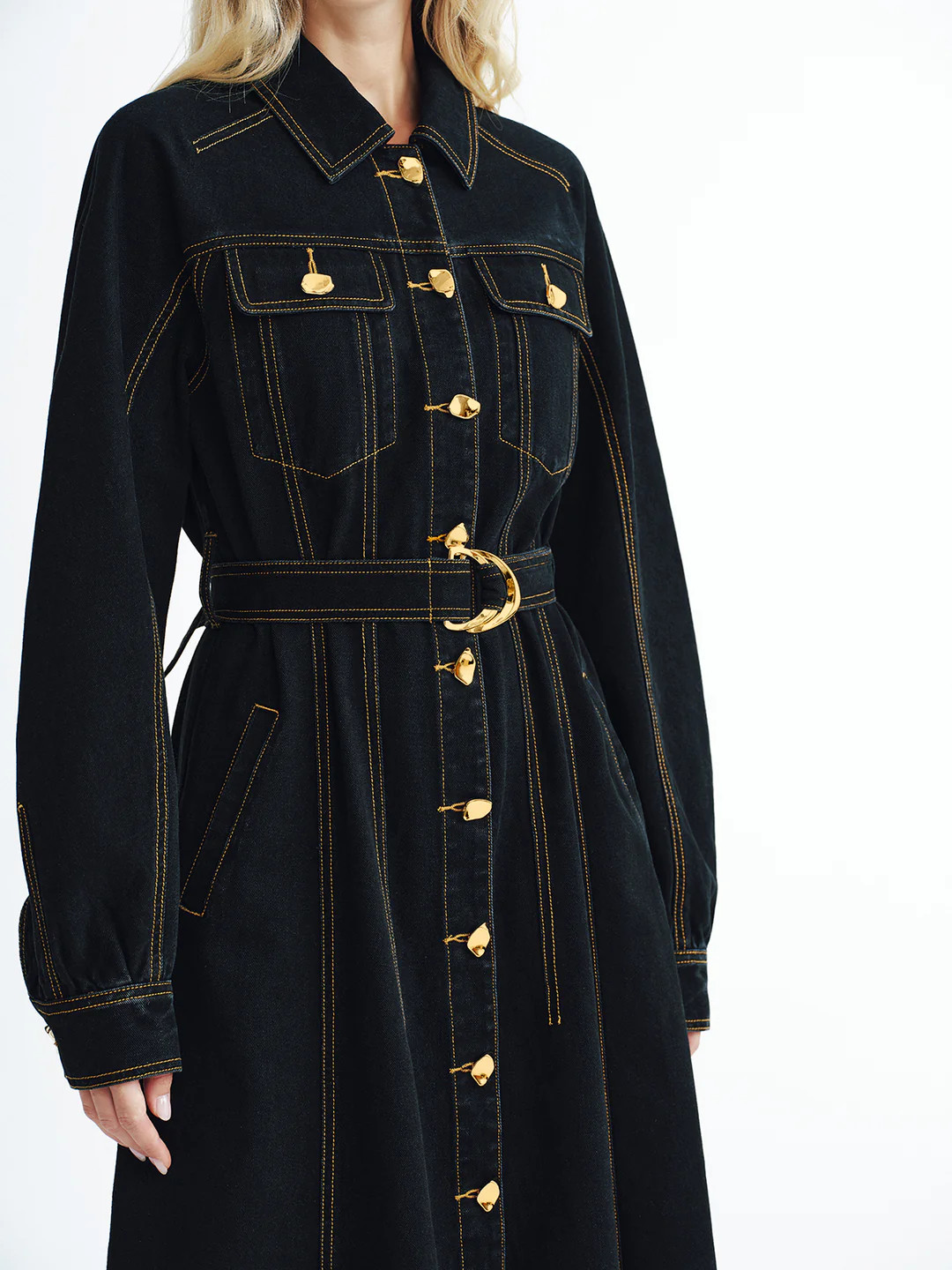 Metal Button Denim Belted Maxi Shirt Dress | Commense