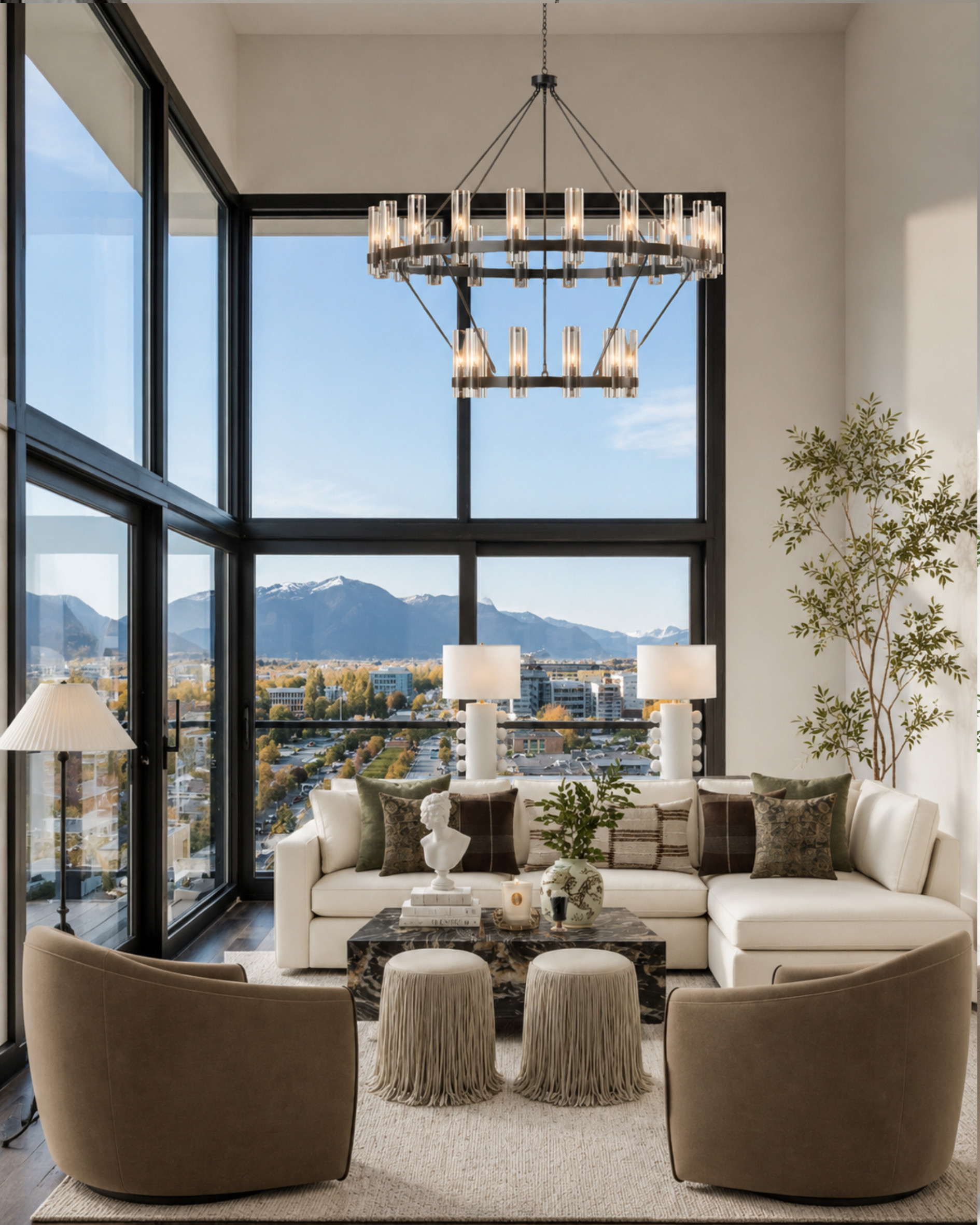 This living room is all about scale, texture, and contrast. The oversized chandelier brings the drama, the dark window frames ground the space, and the mix of cream upholstery, warm taupe chairs, fringe ottomans, and patterned pillows keeps it feeling layered instead of flat. It’s polished, but still soft enough to actually live in. 

 #LTKHome