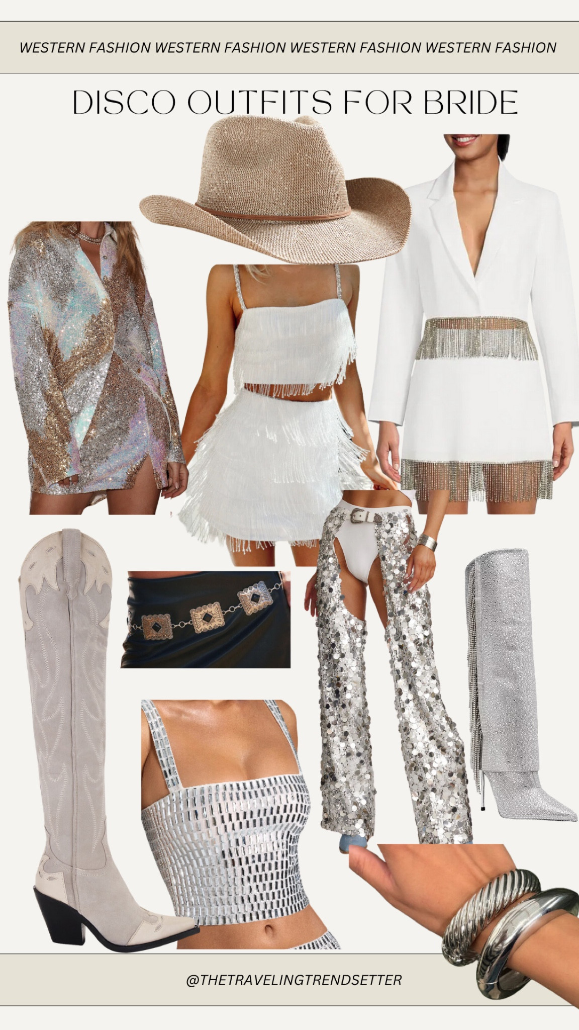 Nashville disco theme outfit for bride - bride to be wedding white - sequins - disco cowgirl - rhinestone cowgirl - boots - country concert - festival outfit 

#LTKWedding #LTKStyleTip #LTKTravel