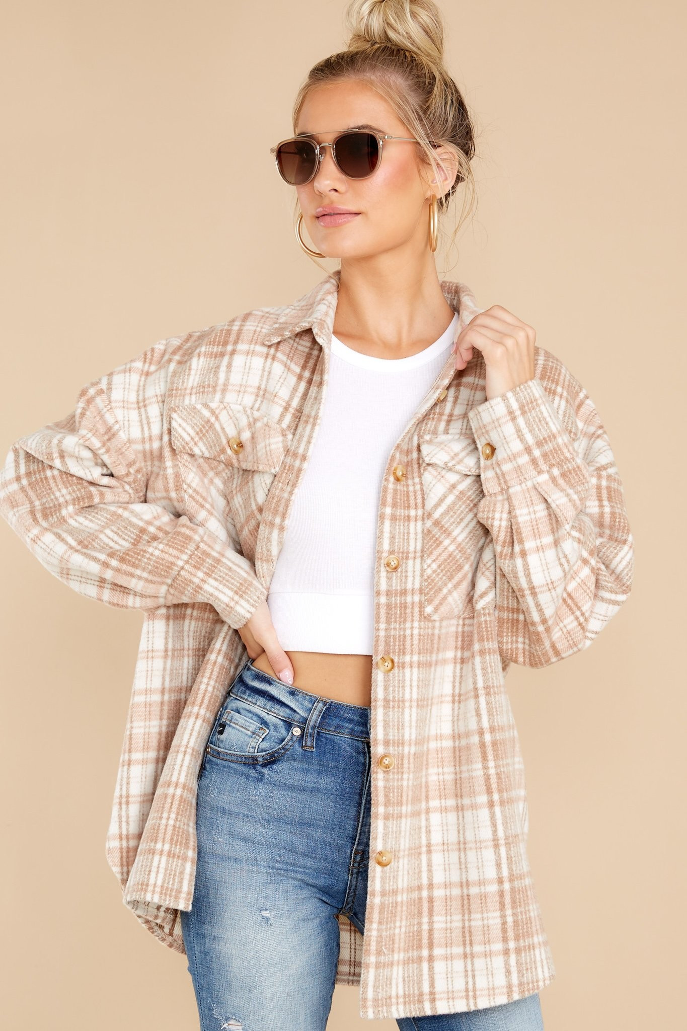 Casually Cozy Camel Multi Plaid Shacket | Red Dress 