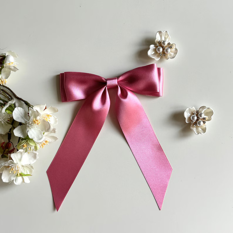 Dark Pink Hair Bow Satin Long Tail Bow Satin Hair Bow Hair Clip for Women Bridal Hair Bow Gift fo... | Etsy (US)