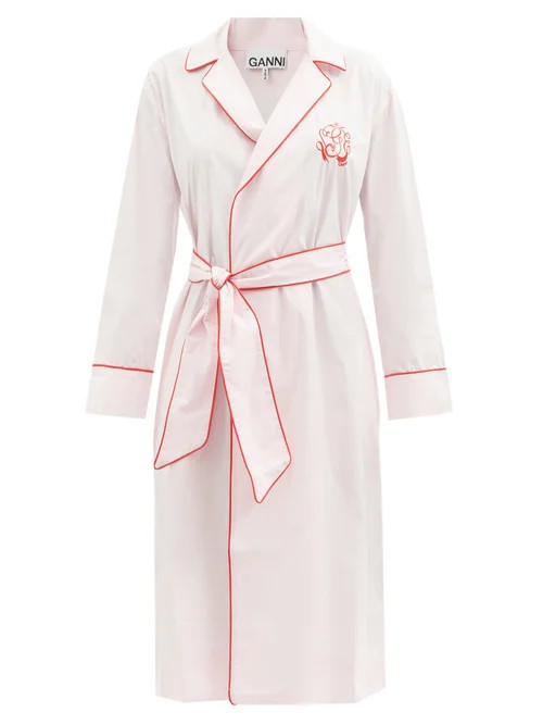 Ganni - Logo-embroidered Organic-cotton Poplin Robe - Womens - Pink | Matches (US)