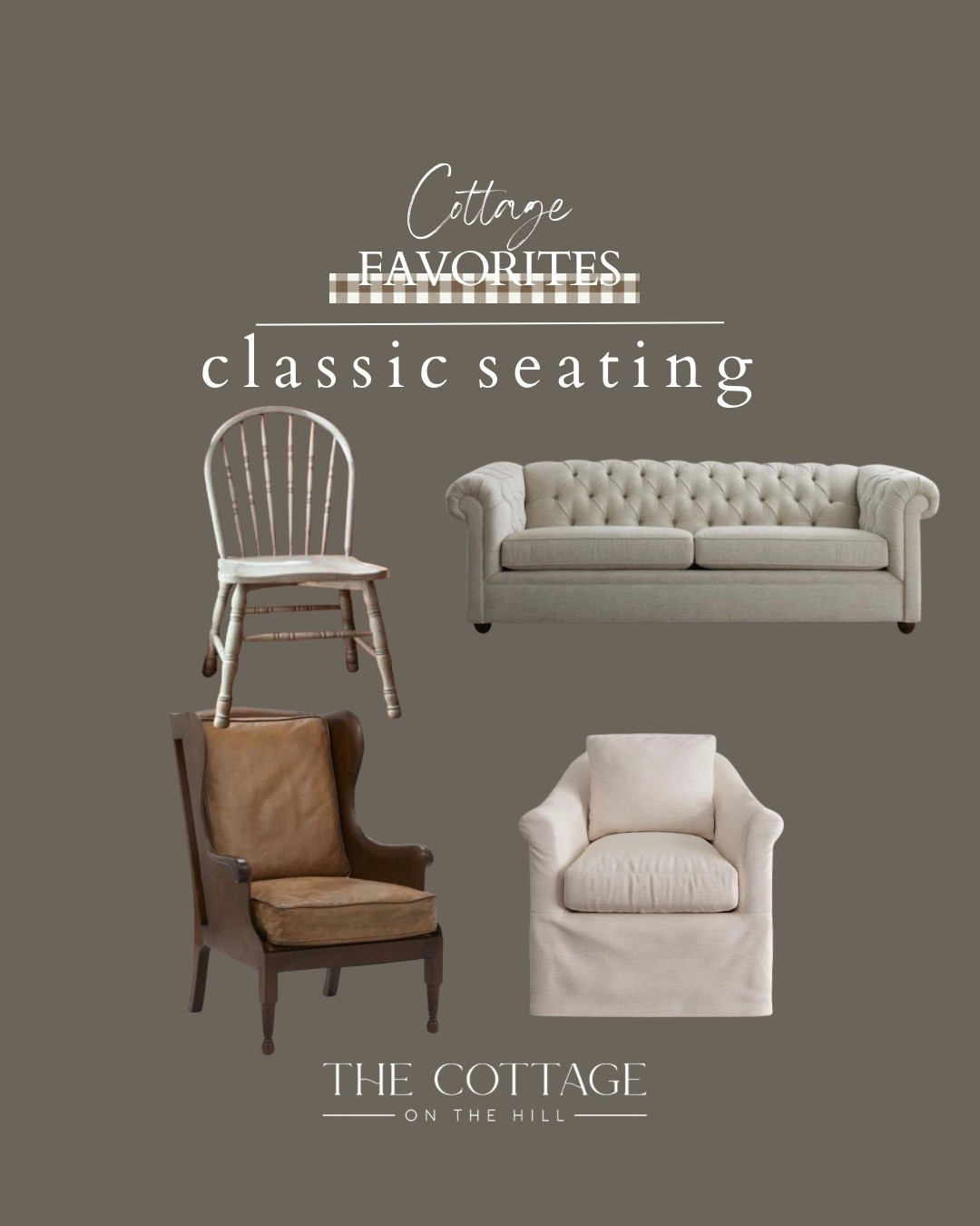 Here are some classic seating options for a cottage inspired home. Think wingback chairs, rolled arm sofa, slip covered accent chair, and wooden dining chairs.

#LTKHome