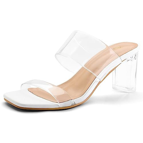 mysoft Clear Heels for Women Transparent Two Strap Block Chunky Square Heel Sandals Open Toe Slip On Sandals | Amazon (US)