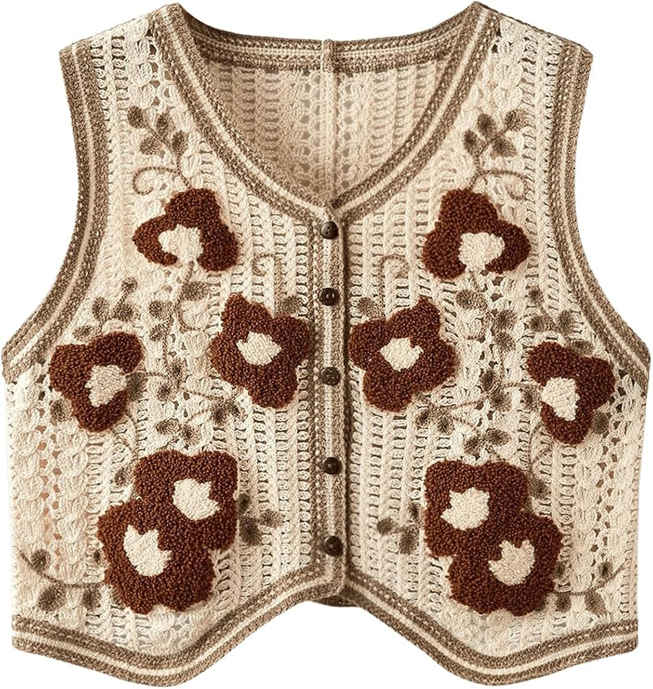 Verdusa Women's Sweater Vest Button Front V Neck Sleeveless Crochet Plaid Checkered Knit Sweater ... | Amazon (US)