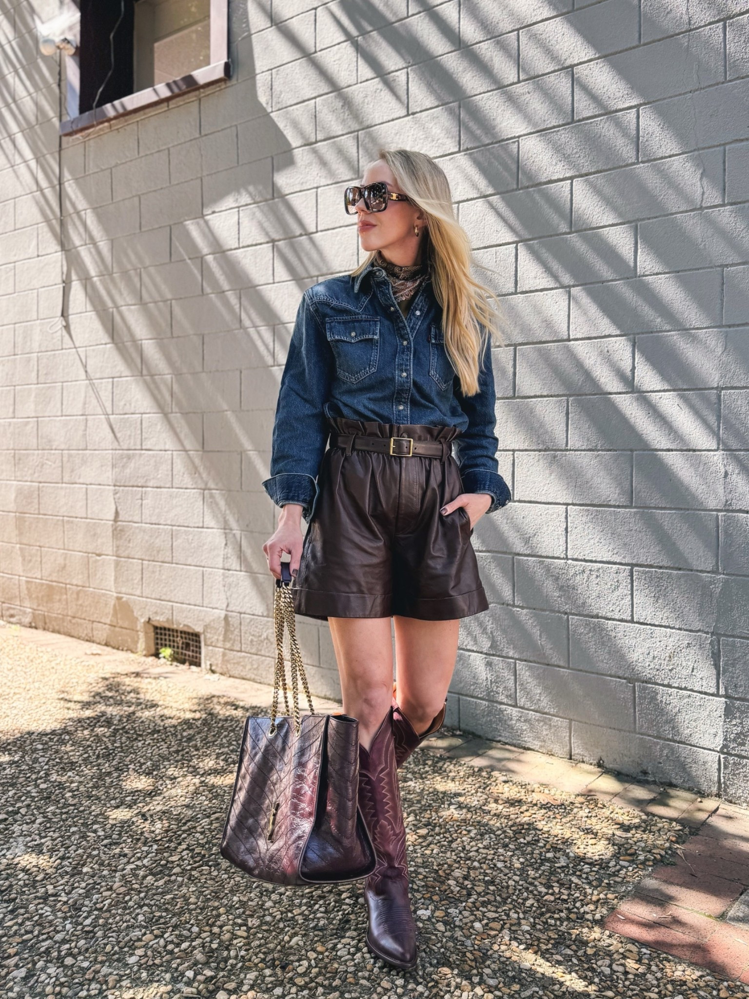 Fall western outfit with paisley scarf, denim shirt, leather shorts, @Tecovas burgundy cowboy boots

#LTKSeasonal #LTKOver40 #LTKSaleAlert