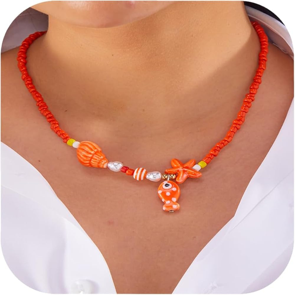 Gmai Ceramic Fish Pendant Necklace for Women Multicolor Rice Beads with Turquoise Accents Delicat... | Amazon (US)