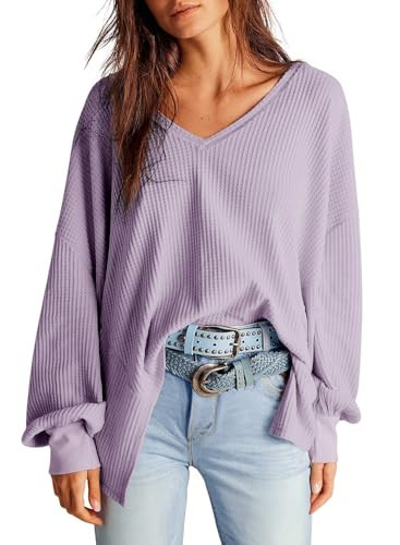 Dokotoo Off Shoulder Tops for Womens Fashion Long Sleeve Shirts Casual V-Neck Waffle Knit Blouses Loose Fit Trendy Workout Tops Spring Blousess Winter 2026 Pullover Jumper Top Small Purple | Amazon (US)