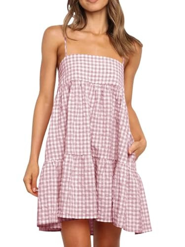 LPCBDEE Womens A-line Plaid Dresses Ruffle Hem Shoulder Straps Casual Mini Dress with Side Pocket | Amazon (US)