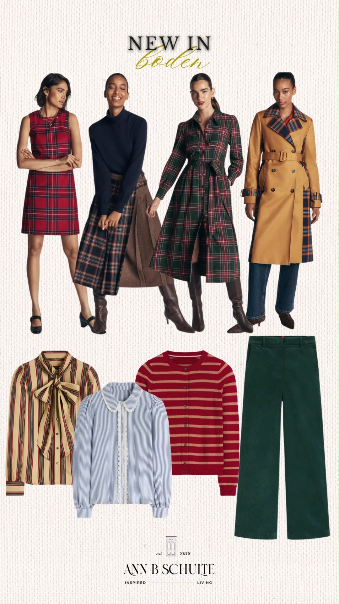 Boden is bringing all the cozy, polished charm this season 🍂 From classic tartan dresses and belted plaid layers to striped knits, statement blouses, and rich green corduroy, these new arrivals are basically fall wardrobe happiness in outfit form. Timeless, playful, and very Boden. 🍁🤎✨

#Boden #BodenNewIn #FallFashion #AutumnStyle #TartanStyle #PlaidOutfits #WomensFashion #FallWardrobe 

 #LTKootd