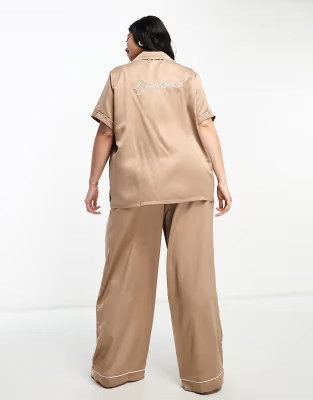 Loungeable Curve bridesmaid satin short sleeve camp collar shirt and pants in taupe | ASOS (Global)