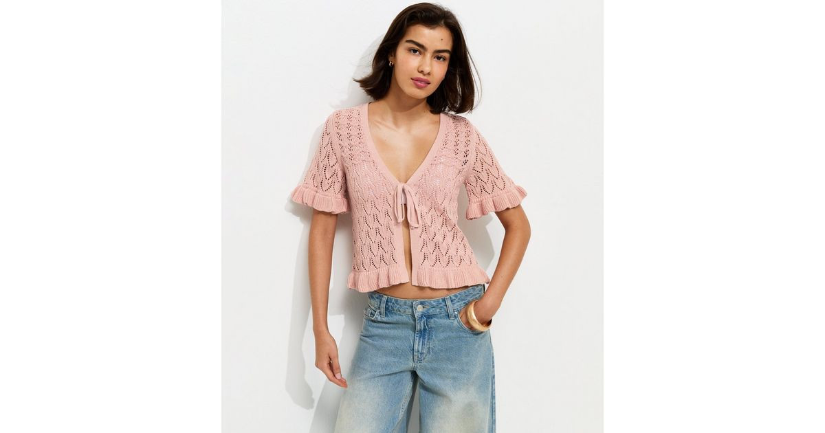 Light Pink Front Tie Short Sleeve Crochet Cardigan | New Look | New Look (UK)