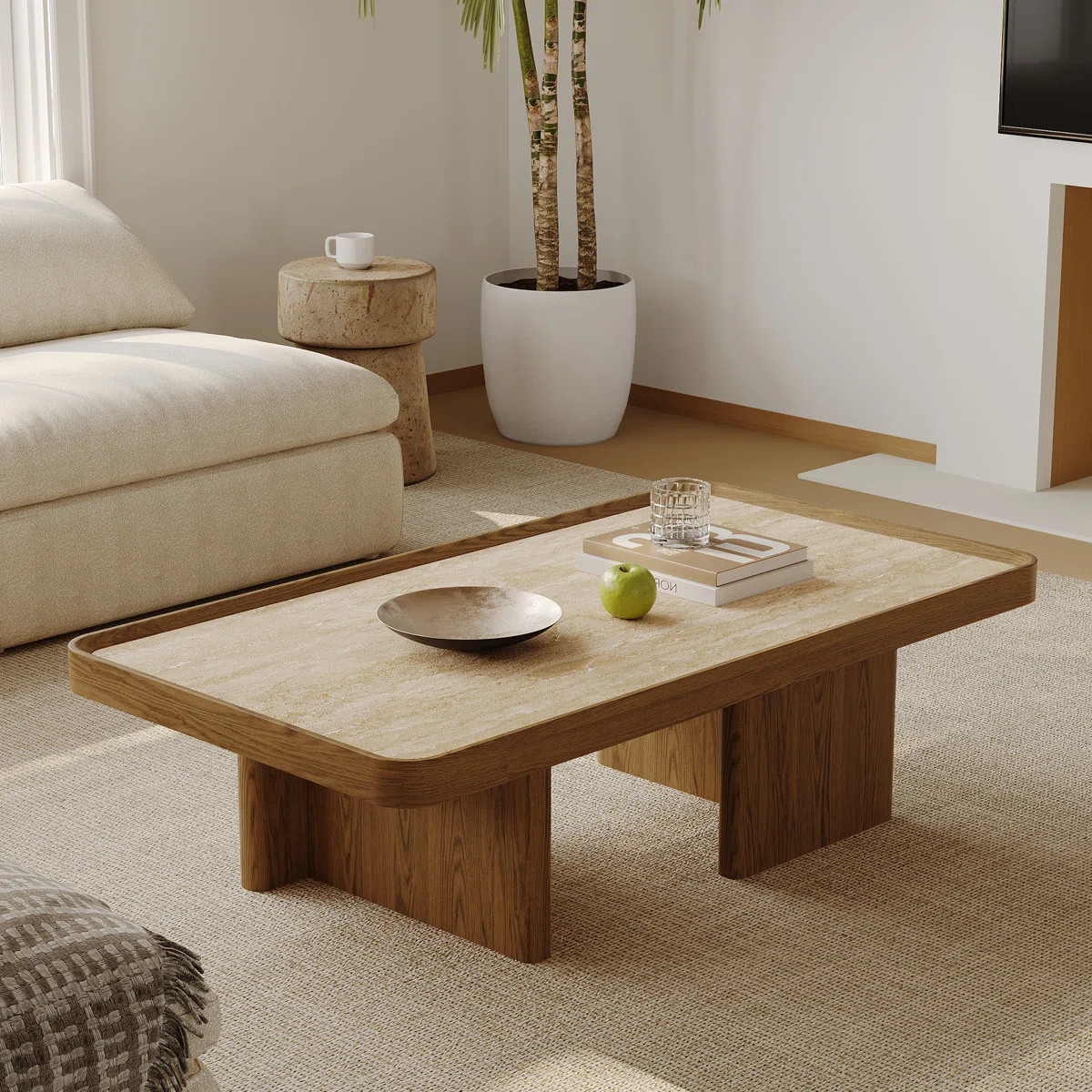 Rustic Farmhouse Rectangle Coffee Table, Stone Top Center Table with Unique Wood Legs for Living ... | Wayfair North America