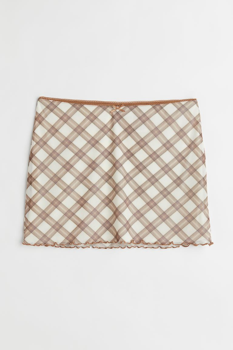 Mesh mini skirt - Regular waist - Short - Cream/Brown checked - Ladies | H&M | H&M (UK, MY, IN, SG, PH, TW, HK)