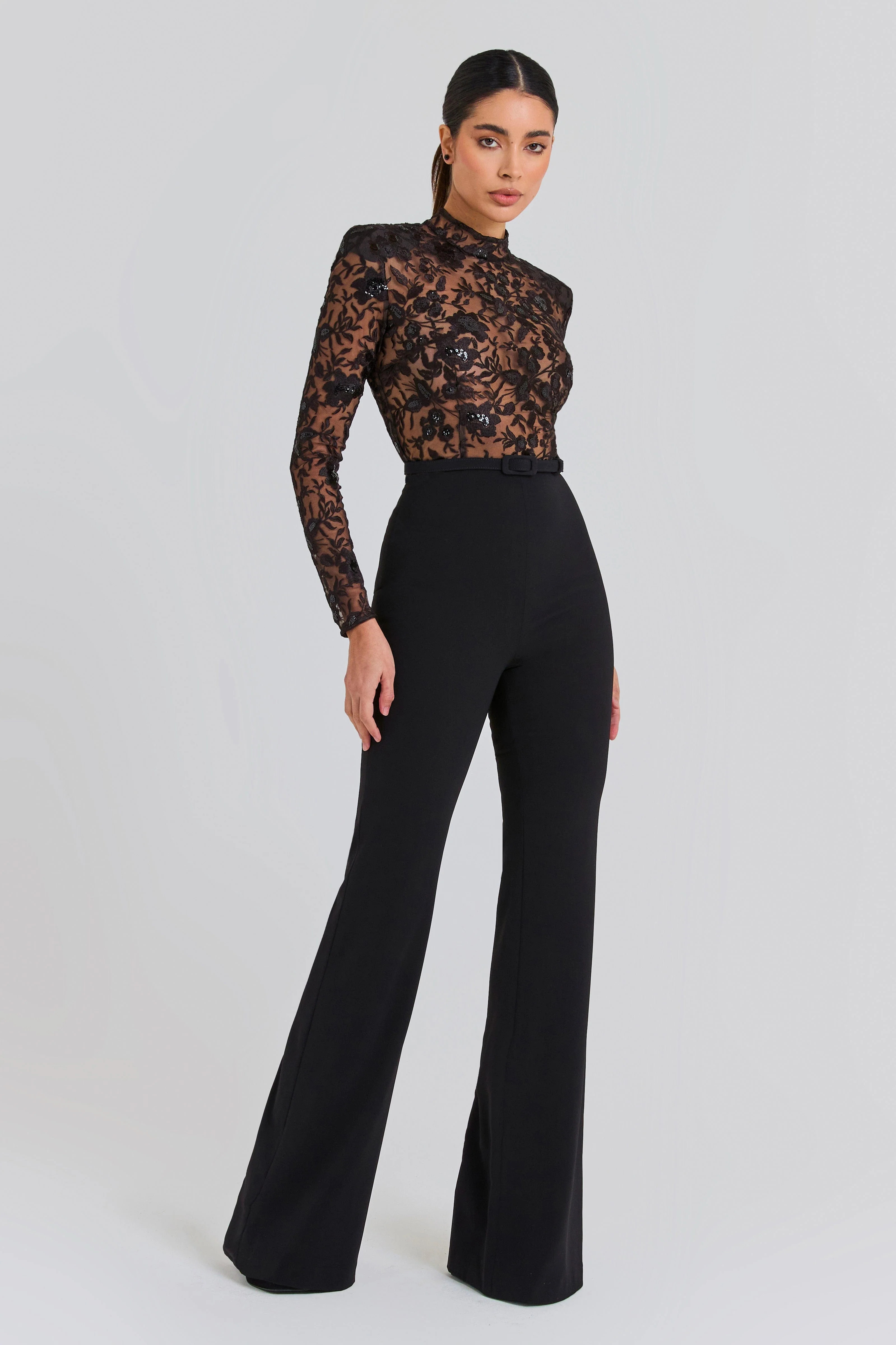 JOANNA Black Floral Lace Jumpsuit | NADINE MERABI | Nadine Merabi