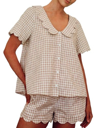 Yimoon Womens Gingham Pajama Set Plaid Short Sleeve Babydoll Top and Shorts Summer Cotton Sleepwe... | Amazon (US)