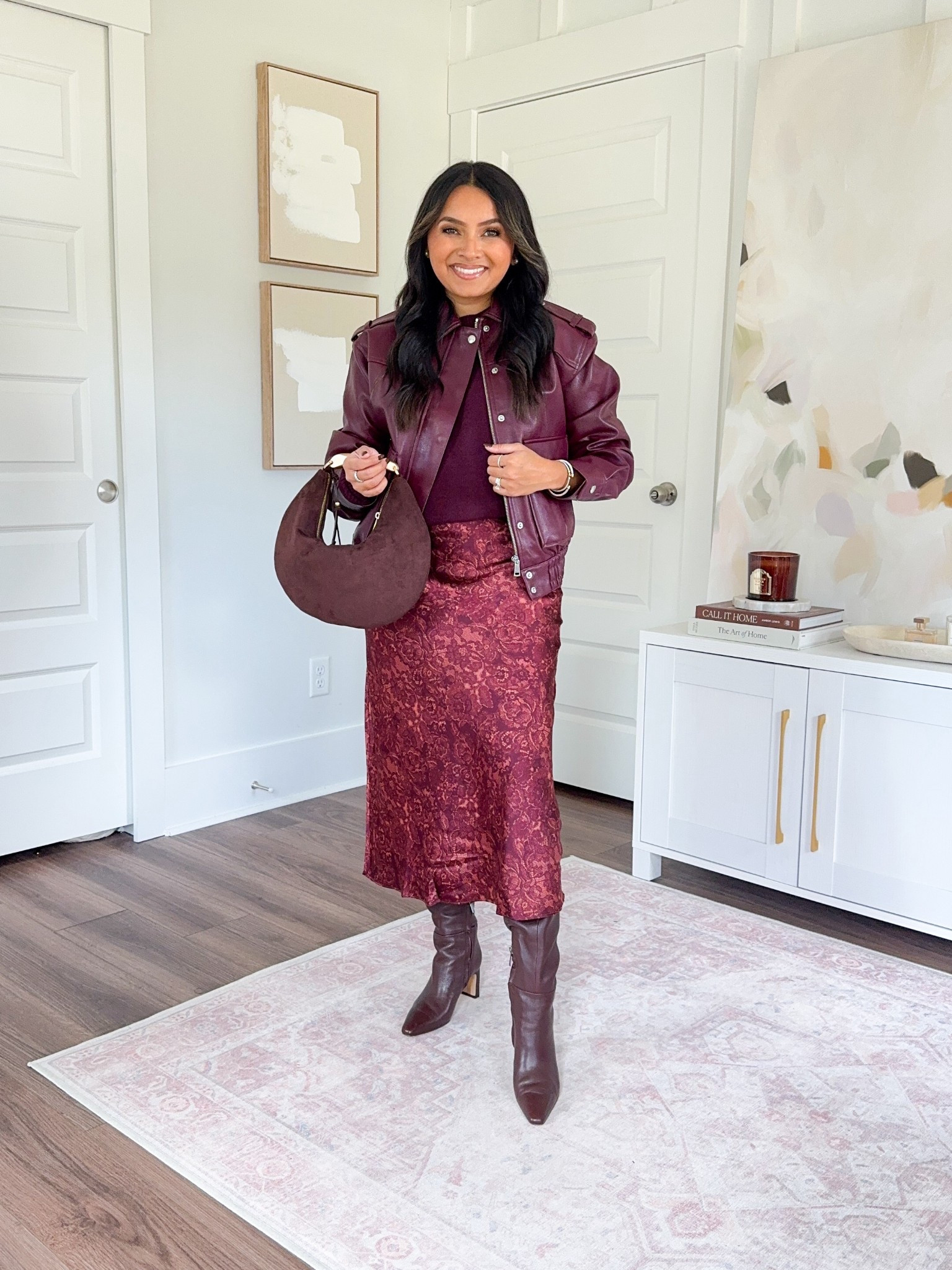 Garnet faux leather jacket size xs petie TTS
Burgundy red sweater size xs petite TTS
Garnet floral satin skirt size xs petite - wish I had gone with regular sizing, this fit a little snug in the waist and I wanted the skirt to be longer on me
Brown spiced pecan color boots size 5.5 TTS


#LTKFallSale #LTKPetite #LTKSaleAlert