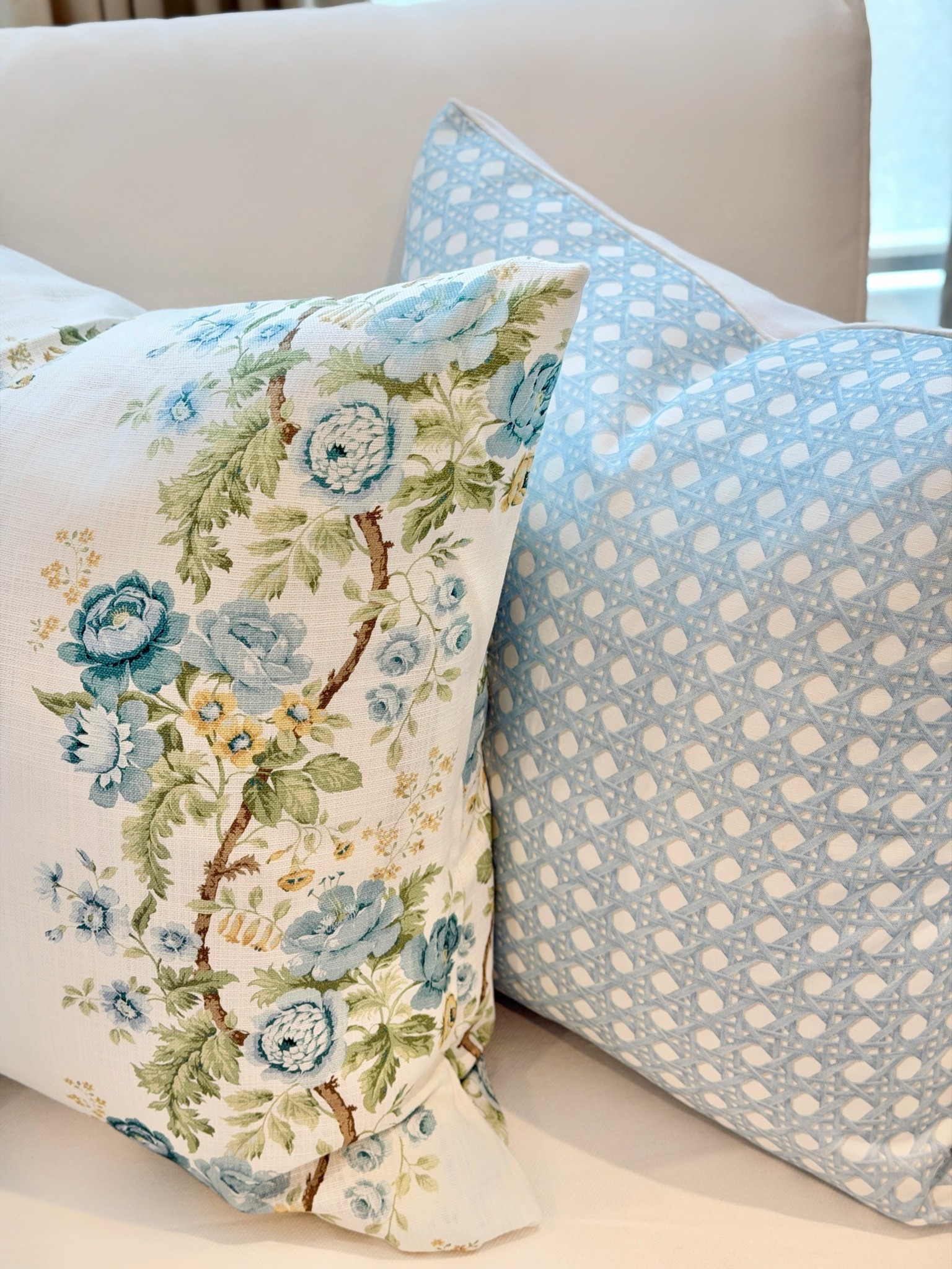 Summer throw pillows, blue cane pattern pillow, floral pillow covers summer decor living room pillowscape