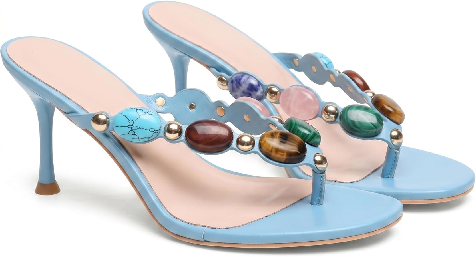 Oakmoo Women's Jeweled Thong Strappy Sandal Summer Mules Kitten Heels Flip Flop Round Open Toe Mi... | Amazon (US)