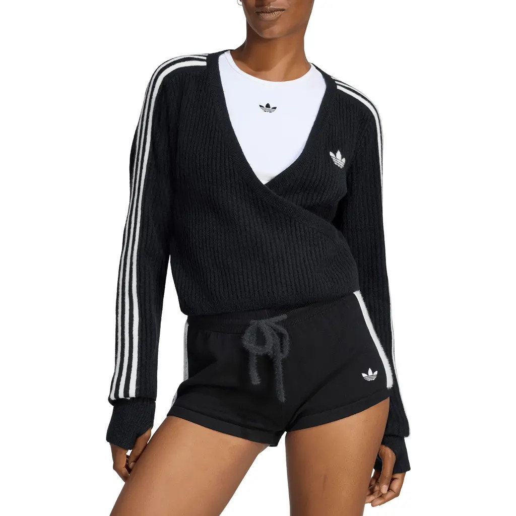 adidas Originals Rib Surplice Cardigan in Black at Nordstrom, Size X-Small | Nordstrom