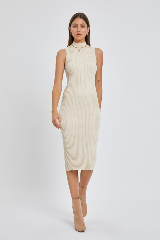 Beige Ribbed Fitted Mock Neck Dress | PinkBlush Maternity