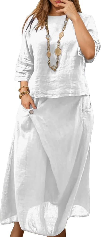 Linen Sets for Women 2 piece Loose Fit Skirt Sets Half Sleeve Top Casual Maxi Skirt with Pockets ... | Amazon (US)