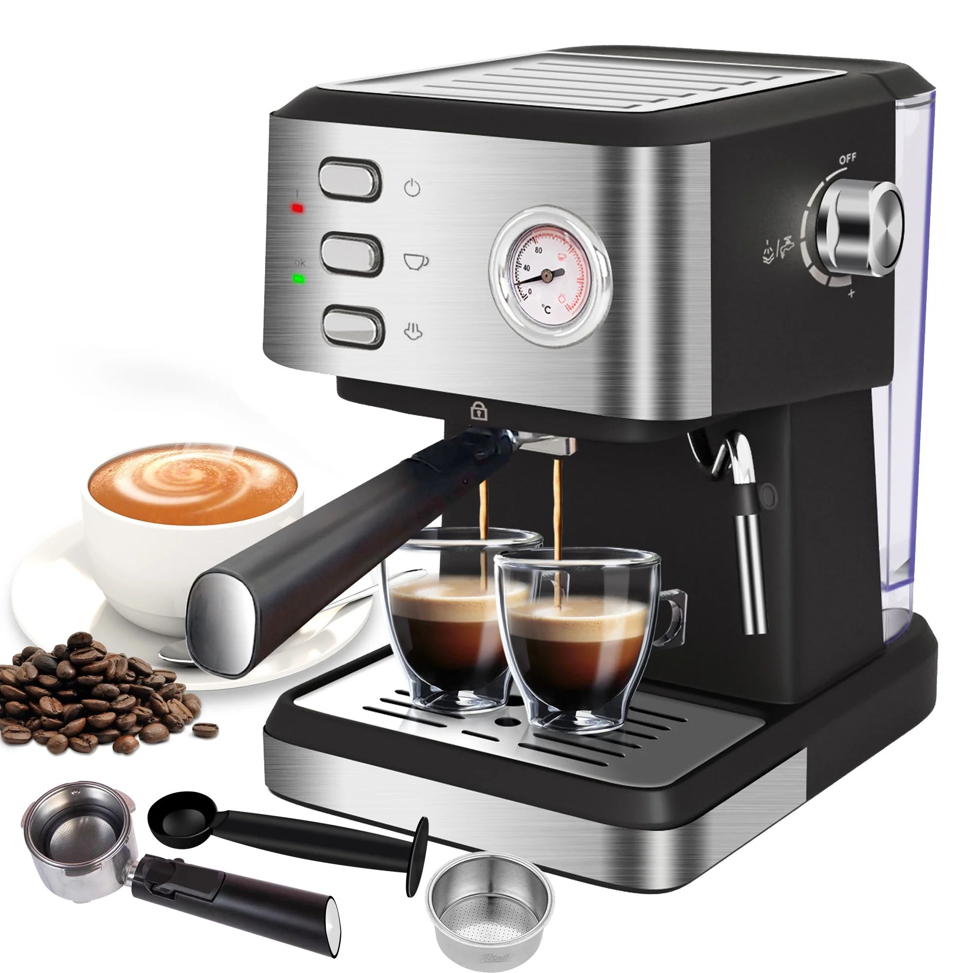 Espresso Machine 20 Bar, 1.5L Water Tank Pressure Gauge Milk Frother Steam Coffee Maker, Silver | Walmart (US)