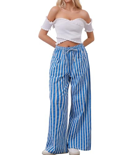 AIHUKOCY Women Drawstring Stripe Wide Leg Casual Trousers Striped Low Rise Casual Loose Lounge Pants with Pockets Blue | Amazon (US)