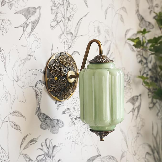 YESIDS Antique Gold Milk Glass Wall Sconce - Vintage Green Shade & Brass Finish Base - Indoor Wal... | Amazon (US)