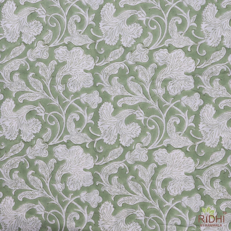 Sage Green and White Indian Hand Block Printed 100% Pure Cotton Cloth, Fabric by the yard, Women'... | Etsy (US)