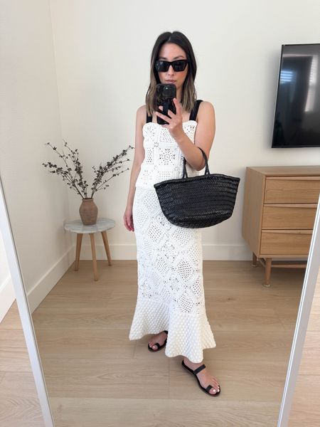 Fabrique crochet set. Stunning pieces!! 

Fabrique top small. Fits more tts. 
Fabrique skirt xs
Madewell sandals 5 (old)
Dragon Diffusion tote s
YSL sunglasses 
