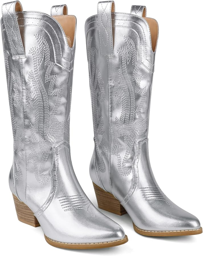 Zzheels Women Mid-calf Cowboy Boots Pointy Toe Boots Embroidered Western Cowgirl Boots Chunky Hee... | Amazon (US)