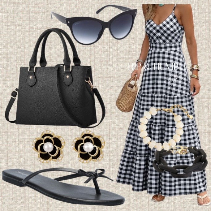 Summer dress in black and white- chic and simple- checkered sundress, black sandals , bracelet stack - outfit inspiration 

#LTKootd #LTKgrwm #LTKOver40
