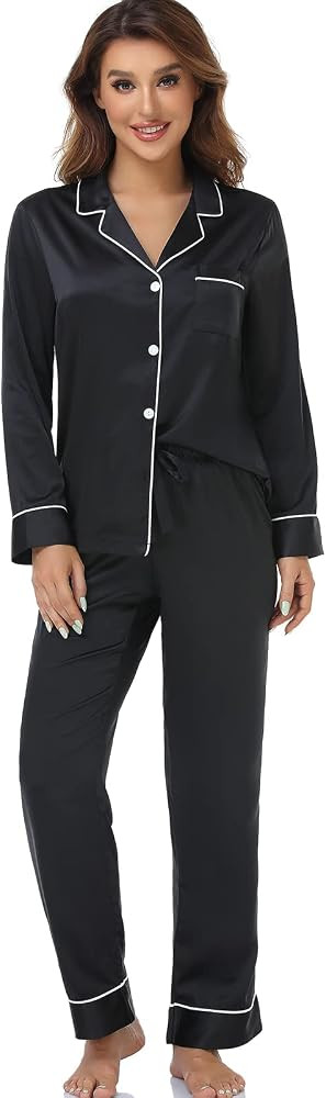 Serenedelicacy Women's Satin Pajama Set Long Sleeve Button Down Sleepwear 2-Piece Striped Silky P... | Amazon (US)