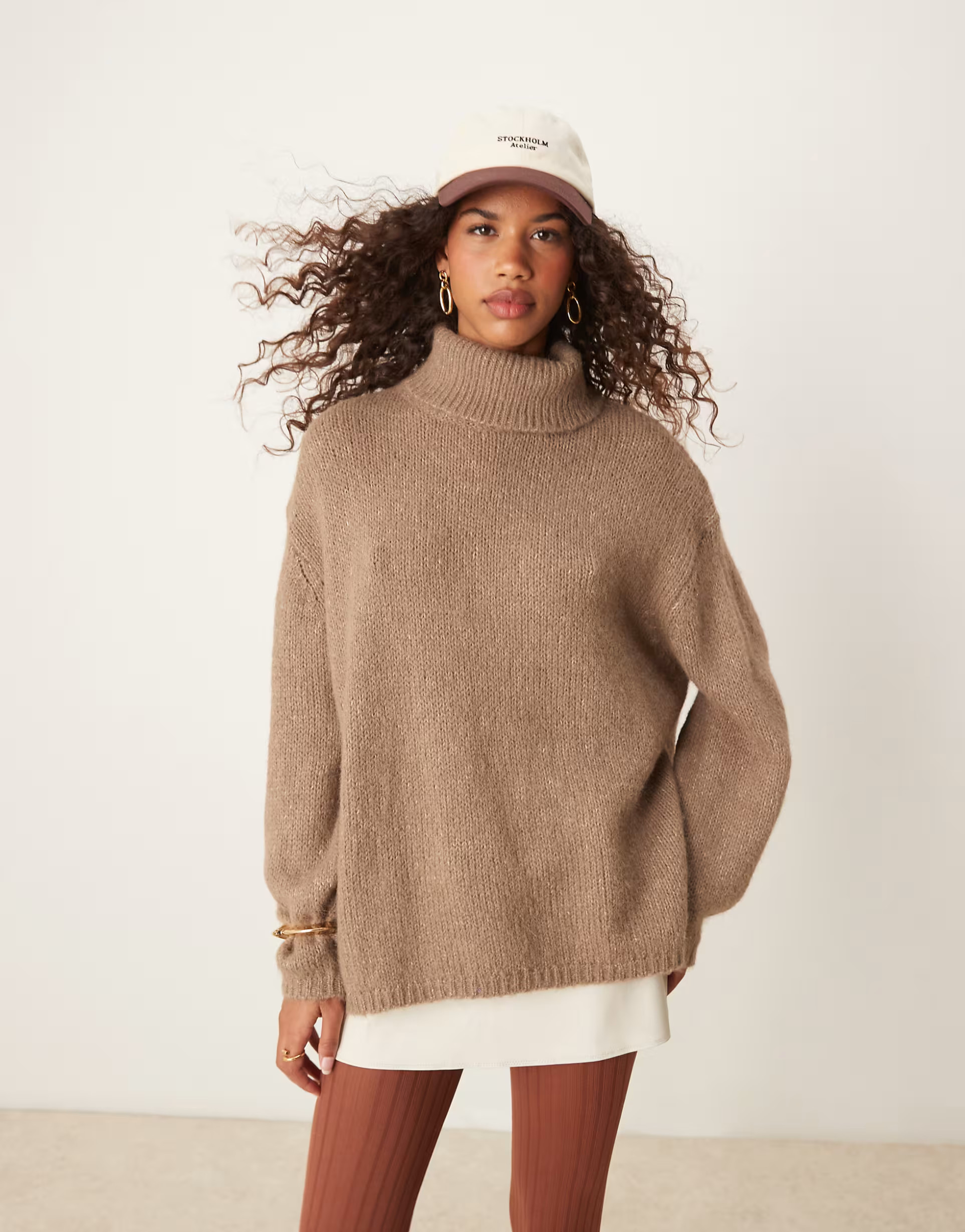 ASOS DESIGN roll neck longline jumper in mocha | ASOS (Global)