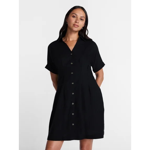Time and Tru Women's Linen Blend Pleated Mini Shirtdress with Short Sleeves, Sizes XS-XXXL | Walmart (US)