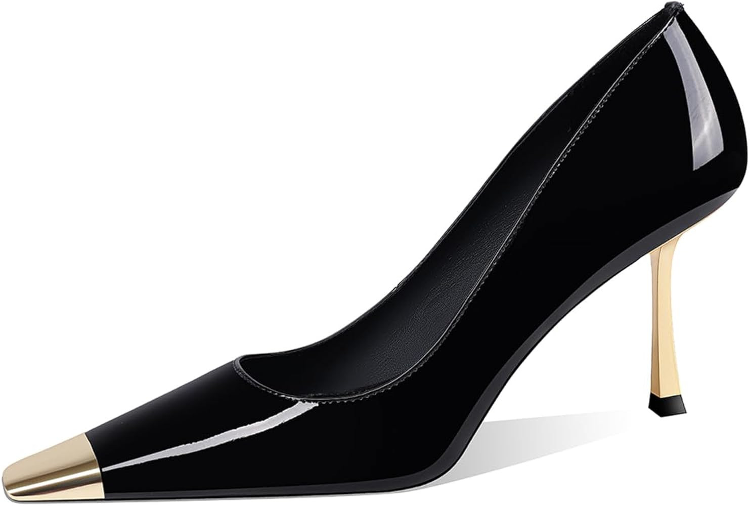 FOWT Women Metal Sqaure Cap Toe Pumps Slip on Gold Stiletto High Heels Party Dating Formal Wear S... | Amazon (US)