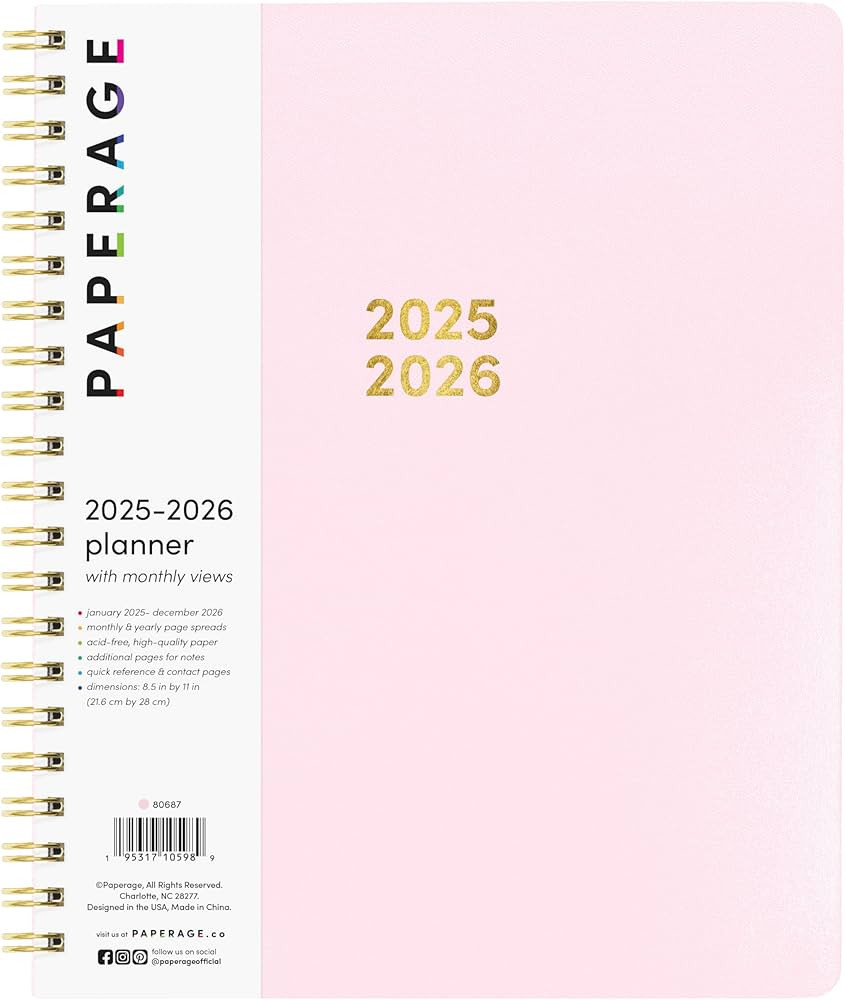 PAPERAGE 2 Year Spiral Bound Planner 2025-2026 (Blush), 24 Month (January 2025 - December 2026), ... | Amazon (US)