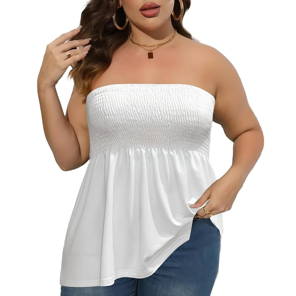 Comeon Plus Size Tube Top for Women Strapless Pleated Off The Shoulder Tops Sexy Summer Tunic Tan... | Amazon (US)