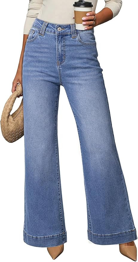 Dokotoo Women's Wide Leg Baggy Flare Jeans High Waisted Stretch Casual Denim Pants with Pockets | Amazon (US)