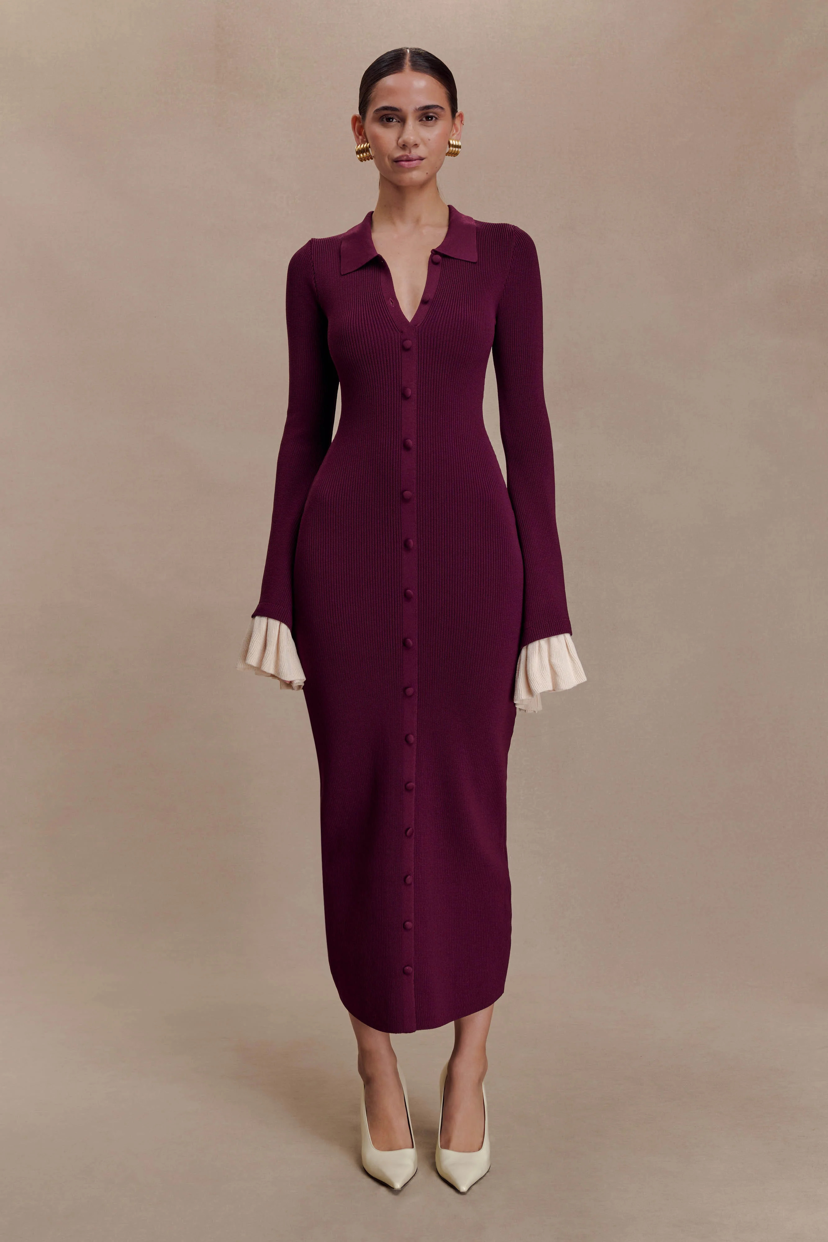 Amirose Ruffle Knit Midi Dress - Plum | Meshki (APAC)