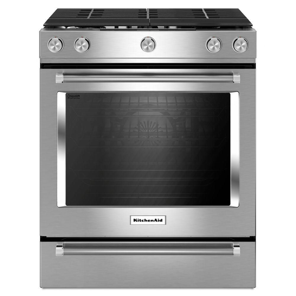 KitchenAid 5.8 cu. ft. Slide-In Gas Range with Self-Cleaning Convection Oven in Stainless Steel, Sil | The Home Depot