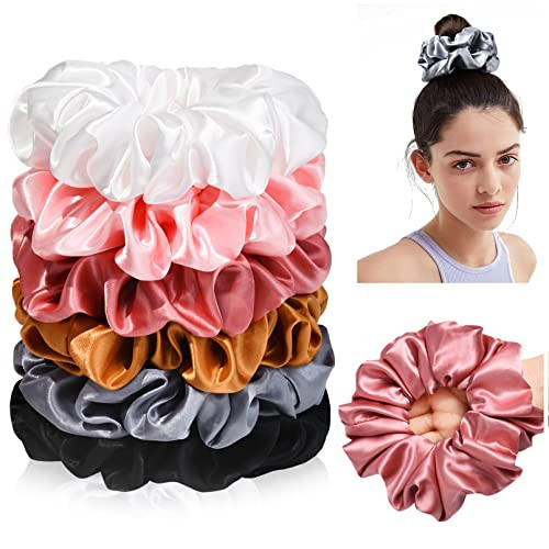 CEELGON Large Silk Satin Scrunchies for Women - Big Jumbo Hair Ties for Thick Curly Hair - Pack of 6 (Black, Pink, Dusty Blue, Gold, White) | Amazon (US)